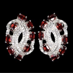 Earrings Oval Mozambique Garnet 5x3 mm White Topaz 925 Sterling Silver